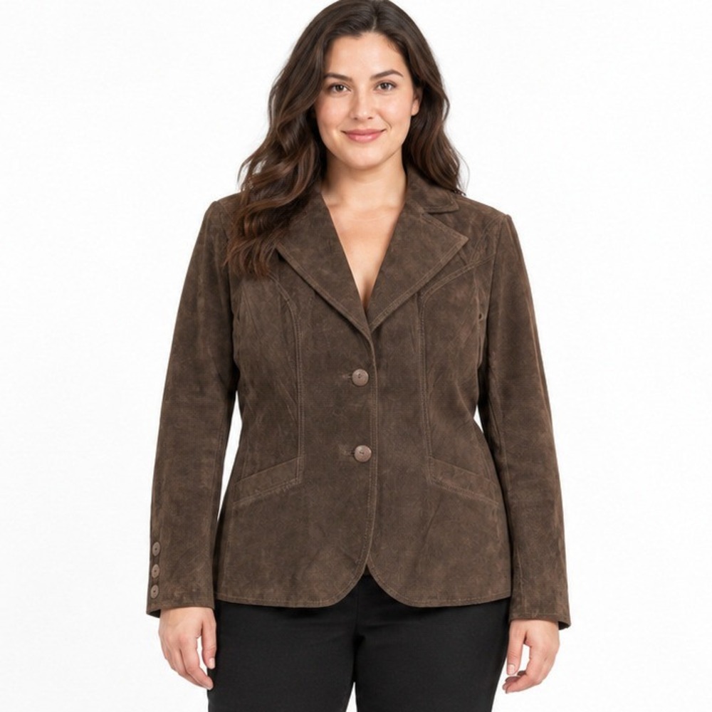 Mark Alan Brown Suede Leather Blazer Jacket Womens Large Tailored Two Button